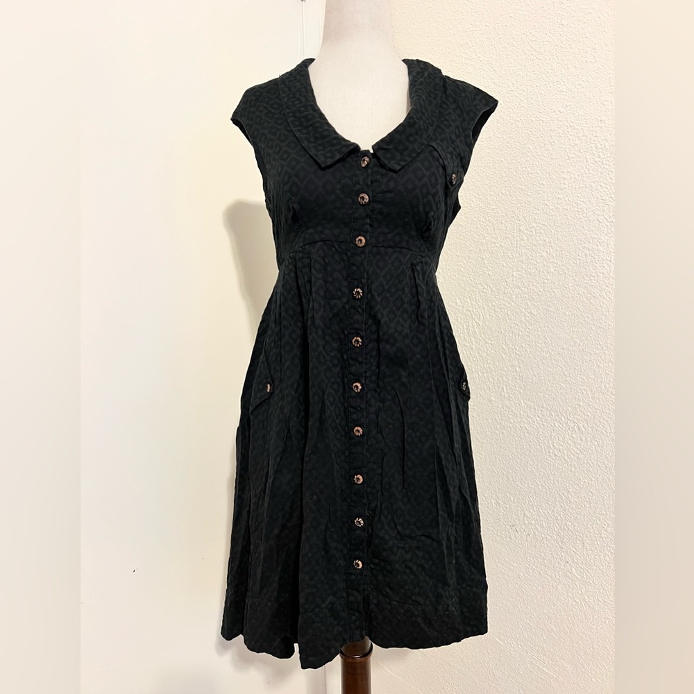 Anthropologie 00 Black Geometric Print Embroidered Sleeveless Cotton Shirt Dress